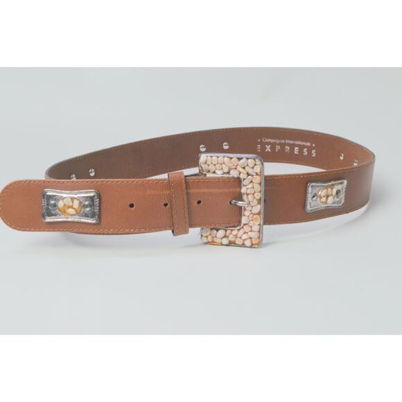 Vintage Express Brown Leather Belt Rock Studded Stone Embellished Buckle Size S main image 10